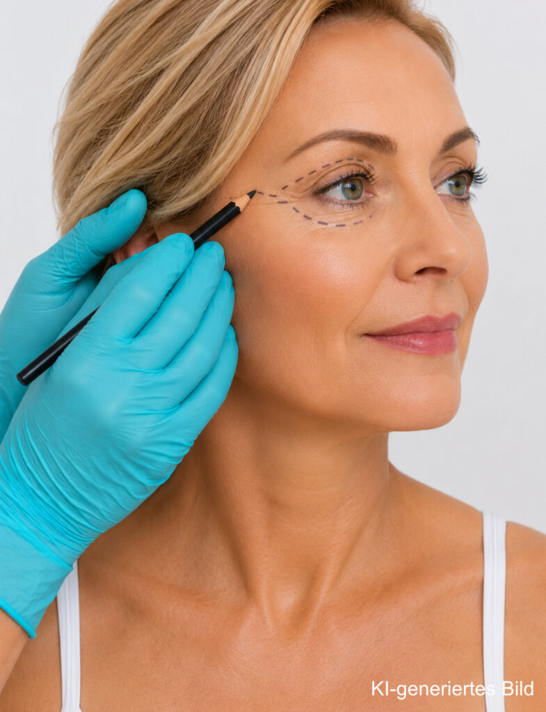Eine Dame mit blonden Haaren erhält mit einem schwarzen Stift eine Markierung an den Augen für eine Lidkorrektur  